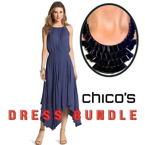 NWOT Chico's Periwinkle Blue Whitney Halter Casual Maxi Dress + Necklace Bundle - Picture 1 of 1